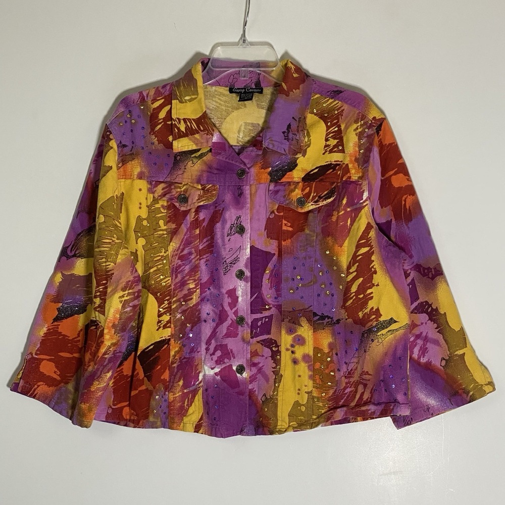 Gaudy Couture Denim Jacket Womens 1X Purple Yellow Embellished Artsy Eclectic